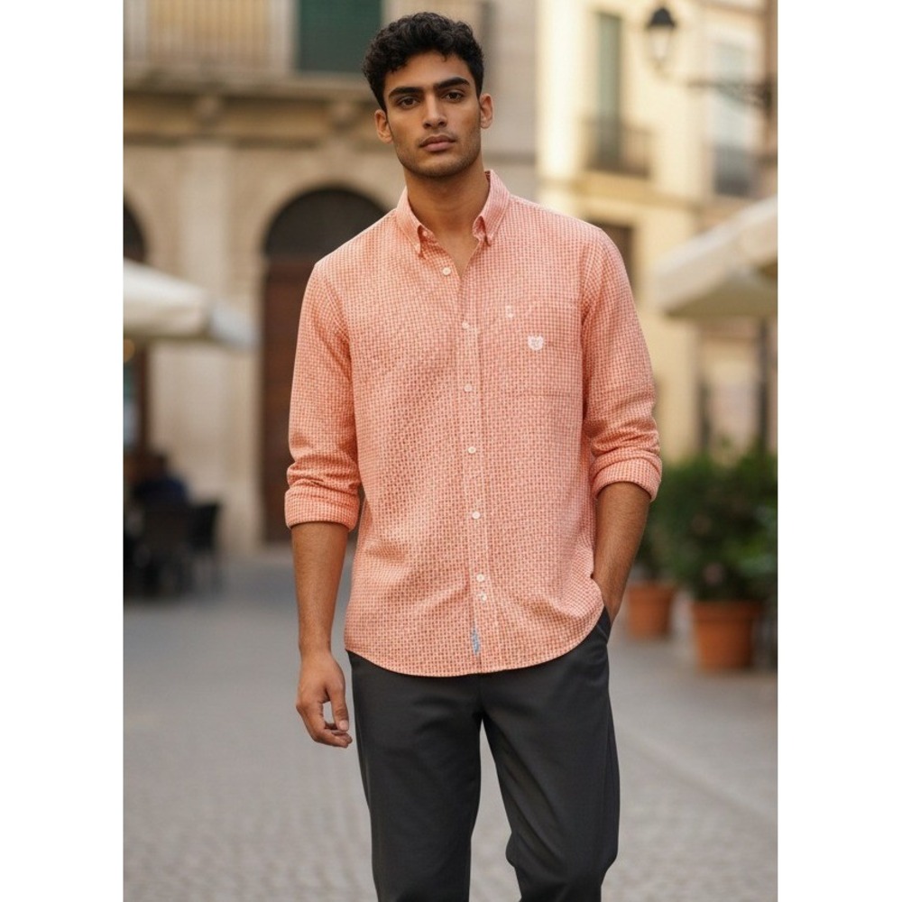 Chaps Mens M Orange White Gingham Easy Care Button Down Shirt Long Sleeve